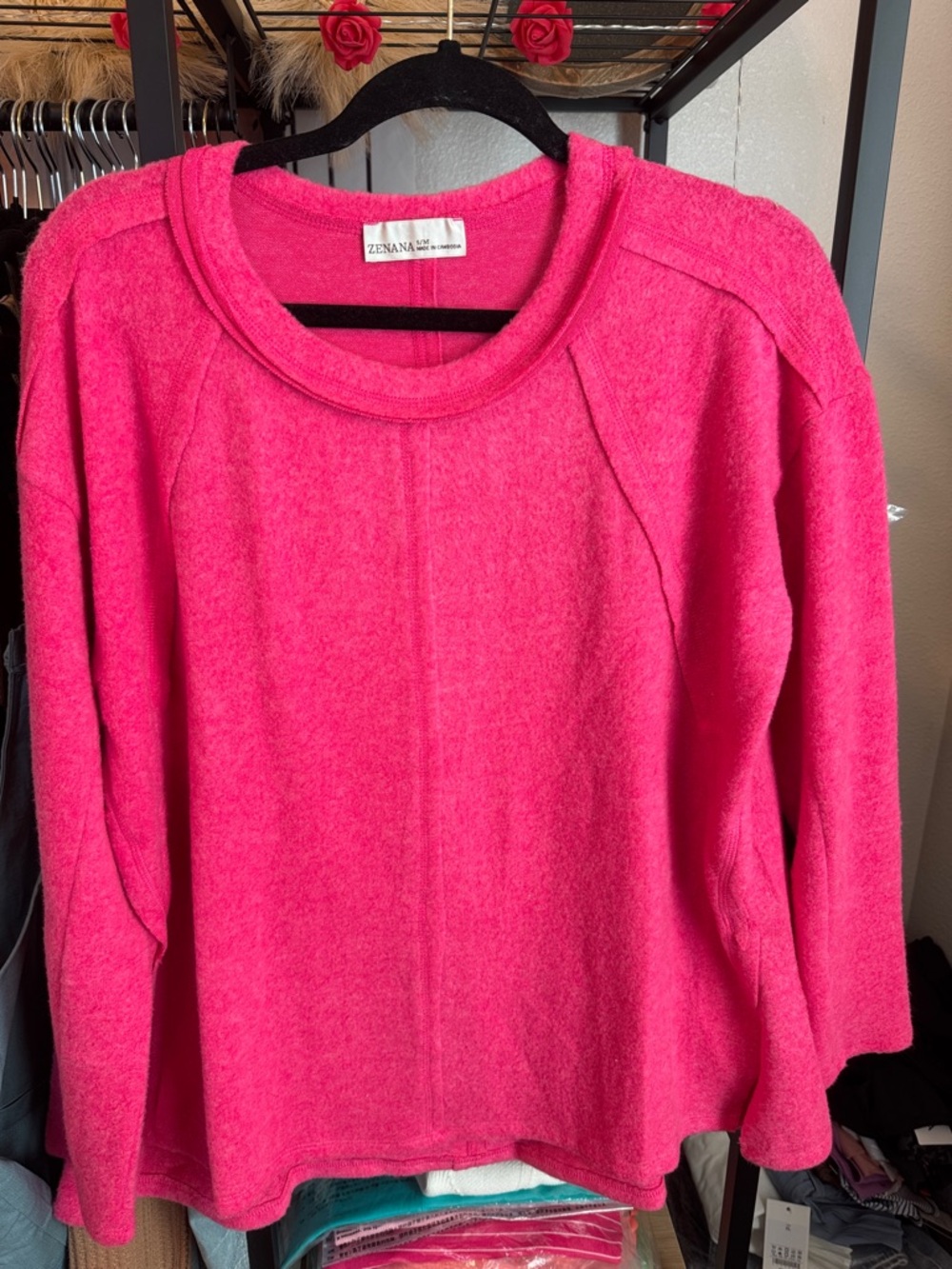 Zenana Outfitters Bright Pink Crewneck Sweater